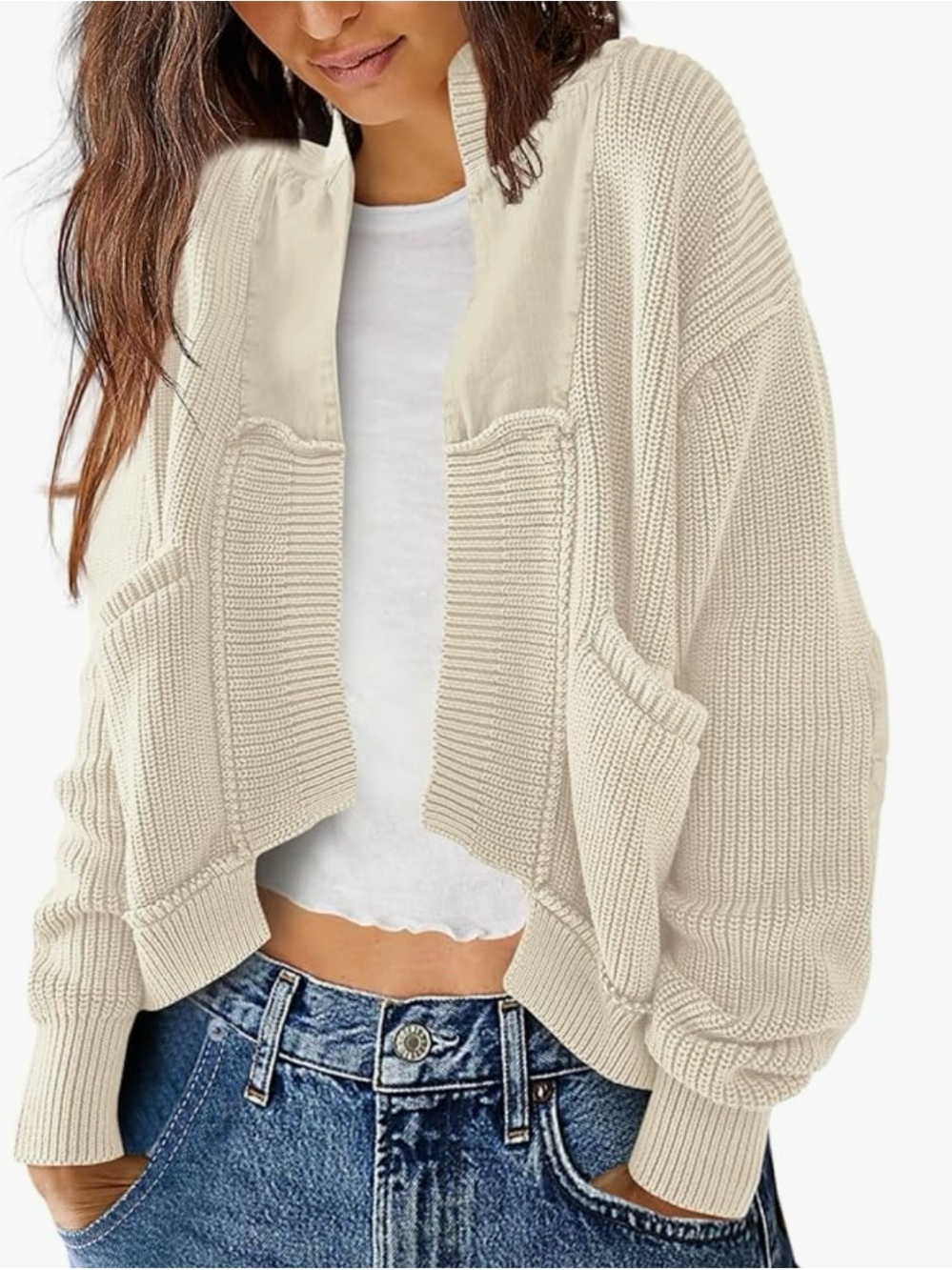 Off-white Open-Front Ribbed Knit Women's Cardigan Sweater with Elbow Patches